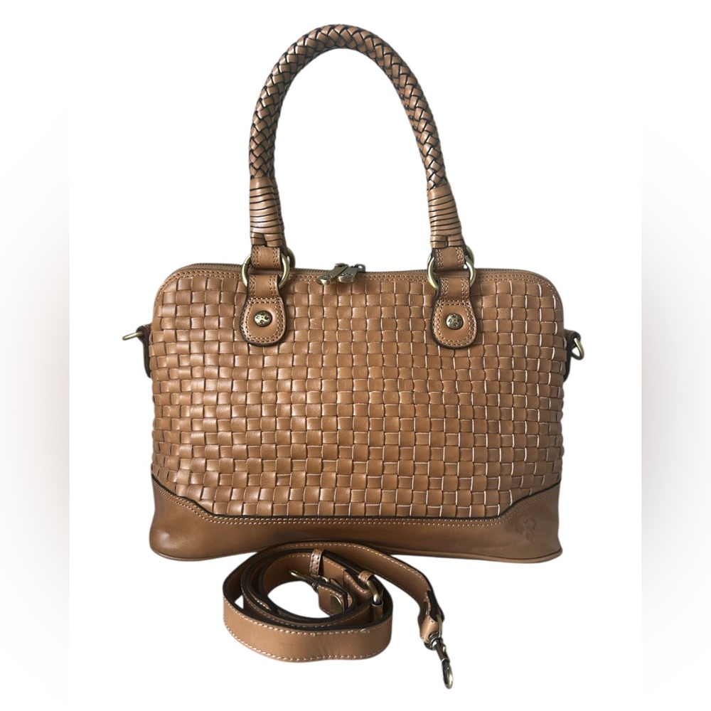 Patricia Nash Augusta Woven Leather Satchel Cognac EUC